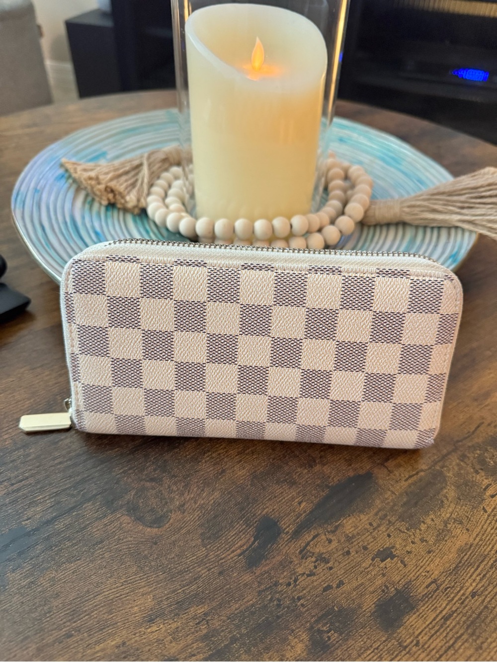 Zip-Around Check Pattern Wallet in Light Beige